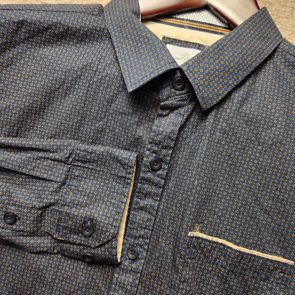 Craft + Flow Button Down Mens XL Navy Blue Gold Geometric Print Long Slve Shirt